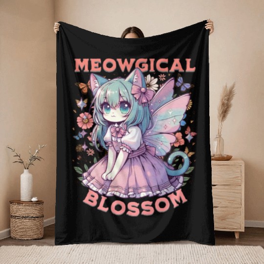 Meowgical Blossom Enchanting Fairycore Cat Fantasy Throw Blankets