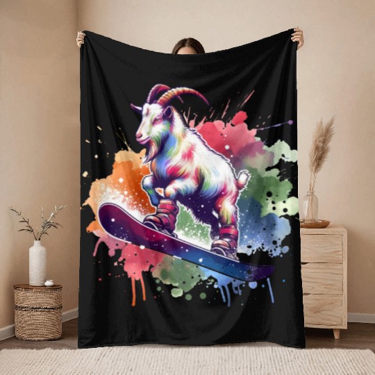 Goat Snowboarder Winter Freestyle Design Throw Blankets