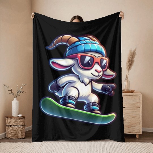 Snowboarder Goat Winter Adventure Throw Blankets