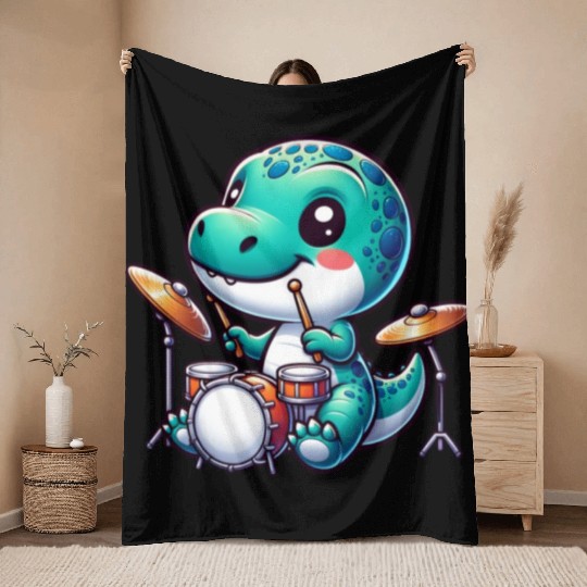 Cute Dinosaur Drummer Cool Design Throw Blankets