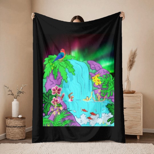 Northern Lights Waterfall Serenity with Swimmers Throw Blankets
