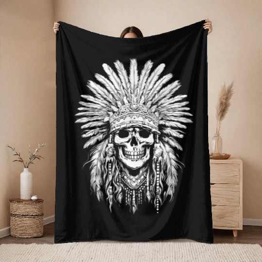 Indigenous Native American Skull Head Throw Blankets