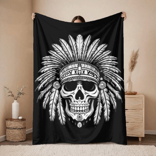 Indigenous Native American Skull Head Throw Blankets
