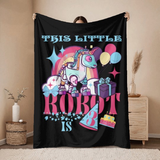 This Little Robot Is 3 Funny Unicorn Robotics Throw Blankets