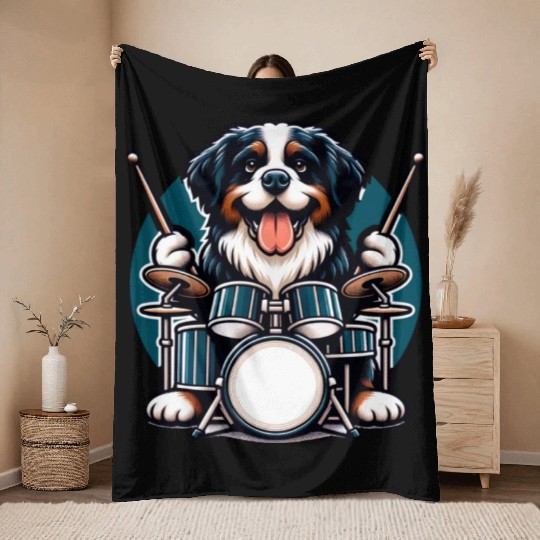 Cool Bernese Mountain Dog Drummer Design Throw Blankets