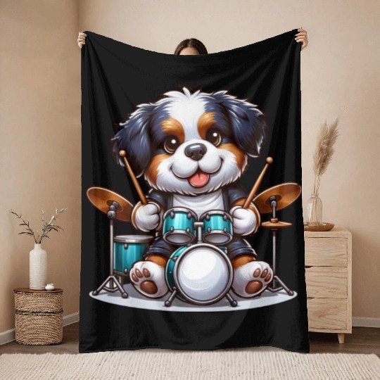 Cool Bernese Mountain Dog Drummer Design Throw Blankets