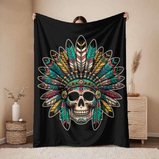 Indigenous Native American Skull Head Throw Blankets