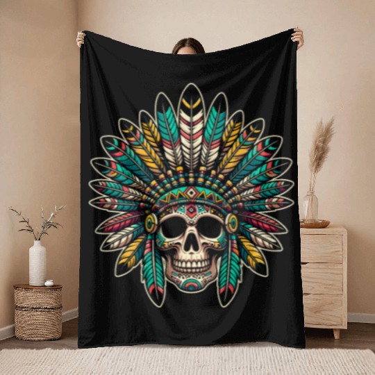 Indigenous Native American Skull Head Throw Blankets