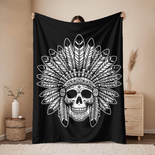 Indigenous Native American Skull Head Throw Blankets