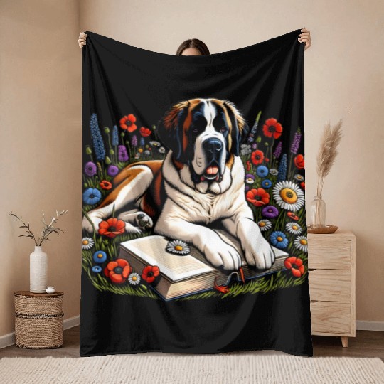 Wildflower St Bernard Reading Book Dog Puppy Lover Throw Blankets