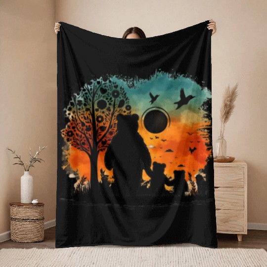 artsy momooy bear silhouette nature family Throw Blankets