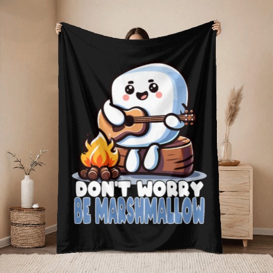 Don't Worry Be Marshmallow Cute Camping Throw Blankets