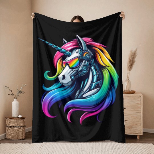 Cool Cyborg Unicorn Rainbow Throw Blankets