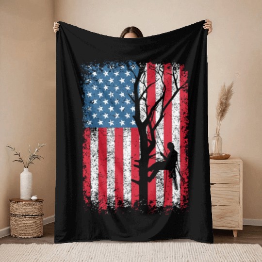 American Flag Arborist Gift For Men Cool Tree Love Throw Blankets