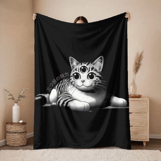 Three-Eyed Cat Enigma: A Mystical Japanese Marvel Throw Blankets