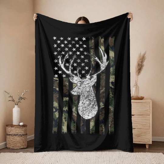 Whitetail Buck Deer Hunting American Camouflage Throw Blankets