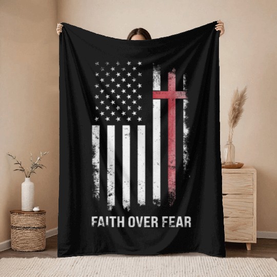 US USA Flag American Faith Over Fear Cross Throw Blankets