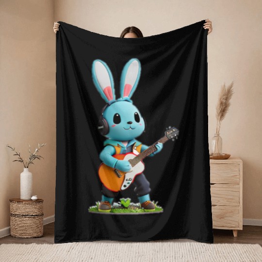 Rabbit playing guitar Throw Blankets