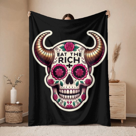 Horned Sugar Skull, eat the rich skull Throw Blankets