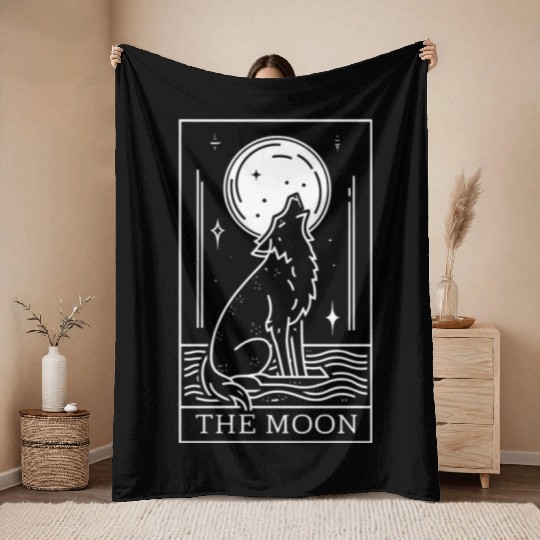 Tarot Card The Moon and Wolf Throw Blankets