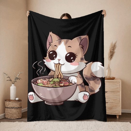 Kawaii Cat Eating Ramen Throw Blankets