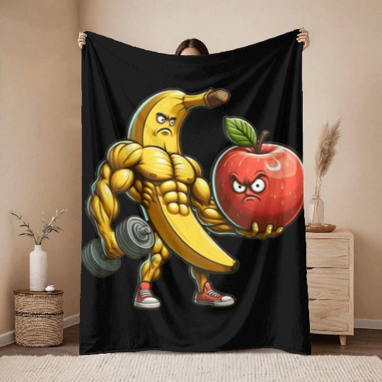 Muscular banana lifts huge apple Throw Blankets