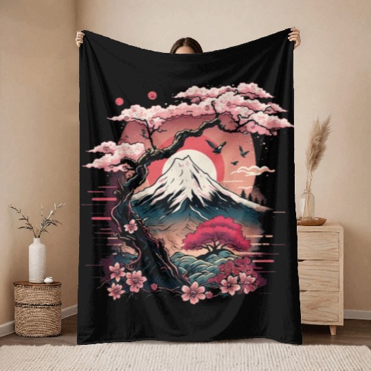 Japanese Sakura Garden Geisha Mount Fuji Cherry Throw Blankets