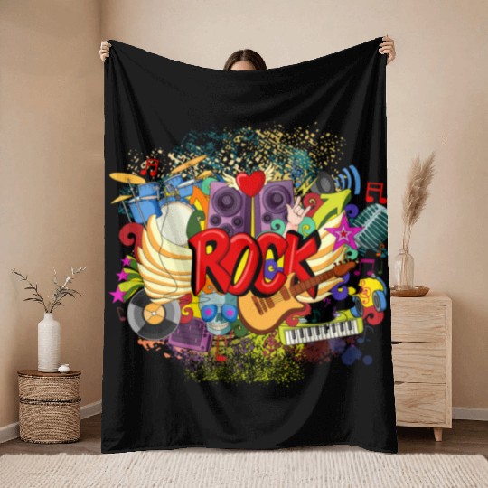 Vector Rock n Roll Theme Guitar Piano Song Drum Throw Blankets