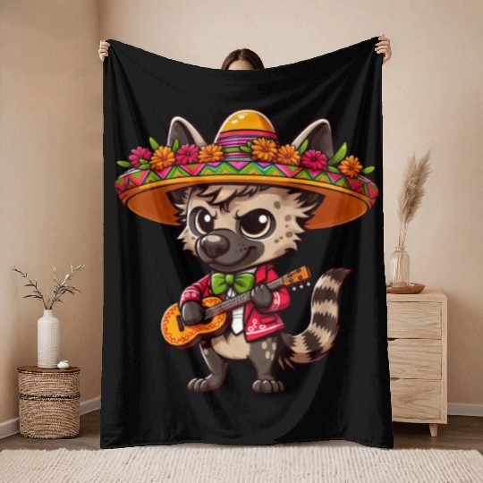 Cinco de Mayo Hyena Mariachi Guitar Throw Blankets