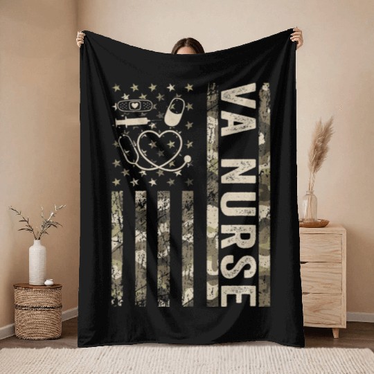 VA Nurse Camouflage Patriotic US Flag Nurse Life Throw Blankets
