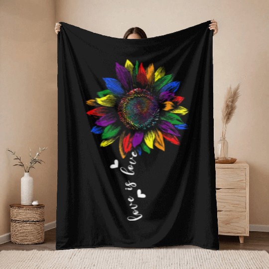 Sunflower Love Is Love LGBT Gay Lesbian Pride Throw Blankets