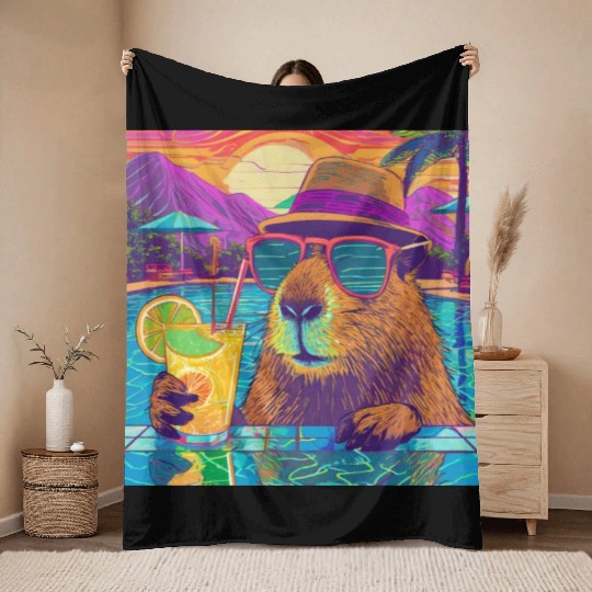 Capybara on vacation sipping on Lemonade Throw Blankets
