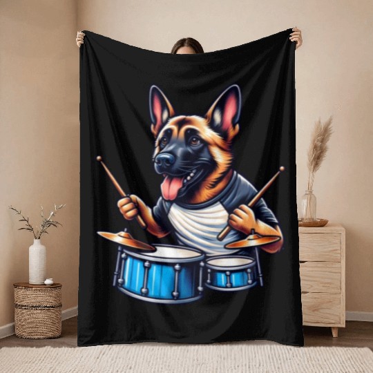 Cool Malinois Drummer Band Design Throw Blankets