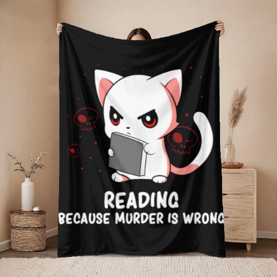 Reading - Reading Cat - Dark Humor - Reading Book Throw Blankets