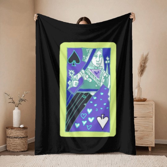 Colourful Queen Of Spades Playing Card Throw Blankets