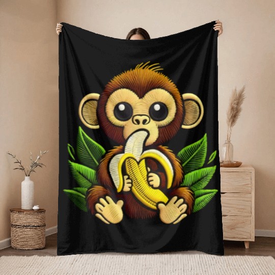 Funny Monkey Eating a Banana Throw Blankets