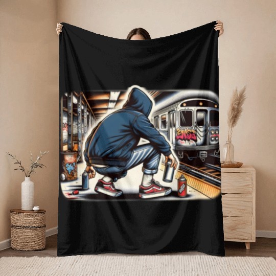 AI Teen in Subway Layup Underground- Masked Border Throw Blankets