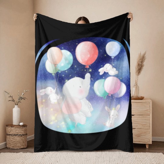Elephant And Rabbit Flying To Space Using Balloon Throw Blankets