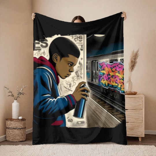 AI Teen in Underground Subway Layup -Masked Border Throw Blankets