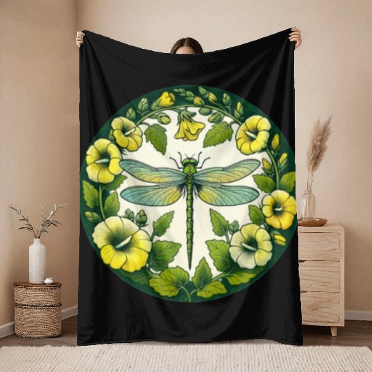 Green Dragonfly Throw Blankets