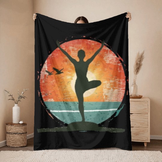 Sunset Yoga Silhouette Peaceful Scene Throw Blankets