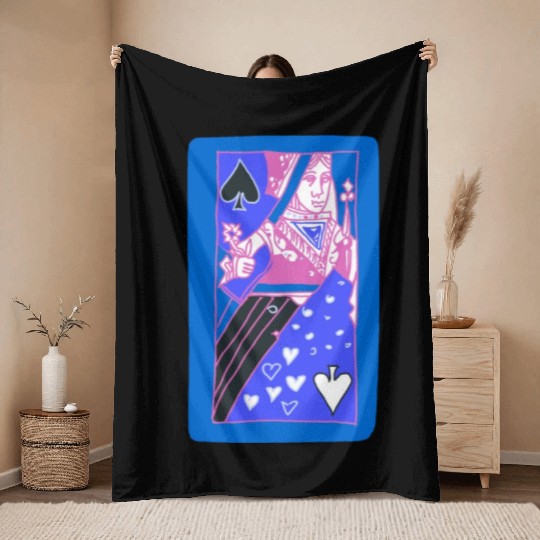 Blue Queen Of Spades Playing Card Throw Blankets