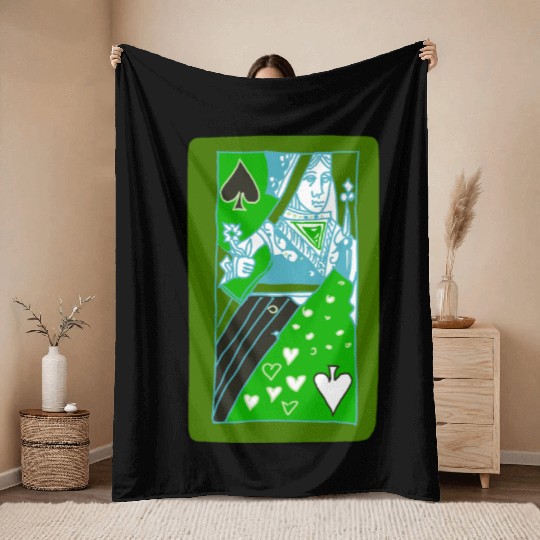 Green Queen of Spades Playing Card Throw Blankets