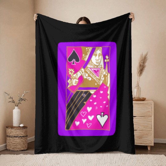 Purple Queen Of Spades Playing Card Throw Blankets