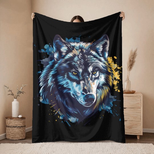 Alpha Wolf Paint Splash Throw Blankets