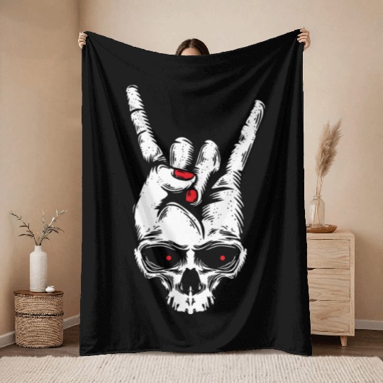 Electric Guitar Skull Rock Horns Throw Blankets