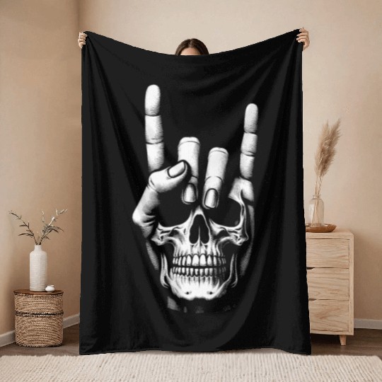 Electric Guitar Skull Rock Horns Throw Blankets