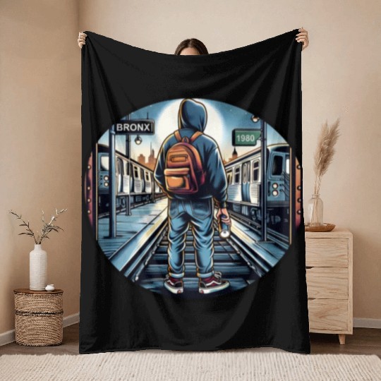 AI Teen in Outdoor Subway Yard - Circle Border Throw Blankets
