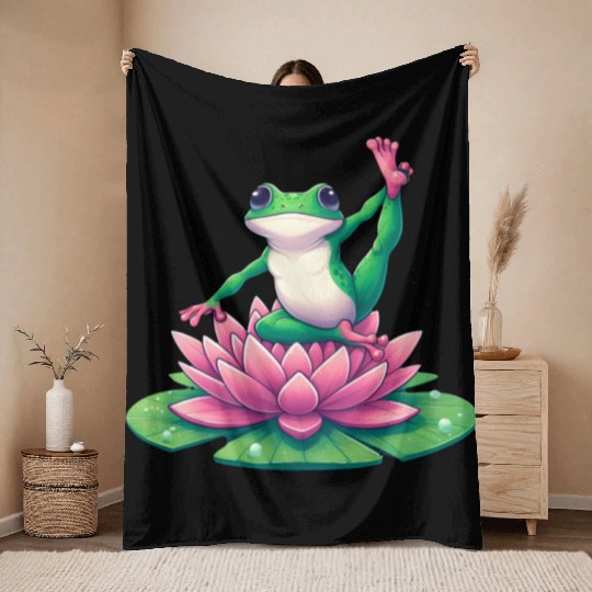 Frog Yoga Meditation on Water Lily Throw Blankets