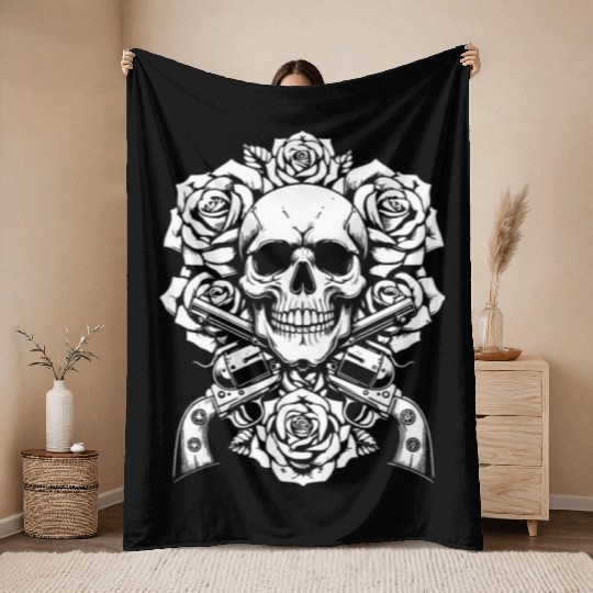 Skeleton Roses Guitar Roses Skull Guns Throw Blankets